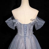 Niulatu blue A-line sweetheart neck tulle sequined long prom dress, gray blue evening dress HZ1108