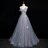 Niulatu blue A-line sweetheart neck tulle sequined long prom dress, gray blue evening dress HZ1108