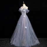 Niulatu blue A-line sweetheart neck tulle sequined long prom dress, gray blue evening dress HZ1108