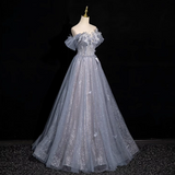 Niulatu blue A-line sweetheart neck tulle sequined long prom dress, gray blue evening dress HZ1108