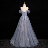 Niulatu blue A-line sweetheart neck tulle sequined long prom dress, gray blue evening dress HZ1108