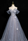 Niulatu blue A-line sweetheart neck tulle sequined long prom dress, gray blue evening dress HZ1108