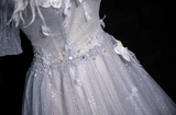 Niulatu blue A-line sweetheart neck tulle sequined long prom dress, gray blue evening dress HZ1108