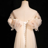 Niulatu A-line off-the-shoulder satin tulle long prom dress, off-white formal dress HZ1108