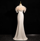 Niulatu A-line off-the-shoulder satin tulle long prom dress, off-white formal dress HZ1108