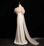 Niulatu A-line off-the-shoulder satin tulle long prom dress, off-white formal dress HZ1108