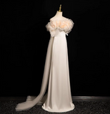 Niulatu A-line off-the-shoulder satin tulle long prom dress, off-white formal dress HZ1108