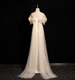 Niulatu A-line off-the-shoulder satin tulle long prom dress, off-white formal dress HZ1108