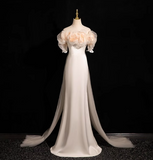 Niulatu A-line off-the-shoulder satin tulle long prom dress, off-white formal dress HZ1108