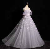 Niulatu A-line sweetheart neck tulle sequin long prom dress, purple formal long dress HZ1108