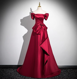 Niulatu A-line off-the-shoulder satin long prom dress, burgundy formal long dress HZ1108