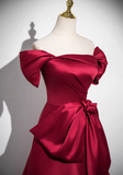 Niulatu A-line off-the-shoulder satin long prom dress, burgundy formal long dress HZ1108