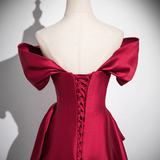 Niulatu A-line off-the-shoulder satin long prom dress, burgundy formal long dress HZ1108