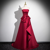 Niulatu A-line off-the-shoulder satin long prom dress, burgundy formal long dress HZ1108