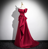 Niulatu A-line off-the-shoulder satin long prom dress, burgundy formal long dress HZ1108