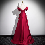 Niulatu A-line off-the-shoulder satin long prom dress, burgundy formal long dress HZ1108