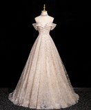 Niulatu A-line V-neck mesh sequin long prom dress, champagne formal long dress HZ1108