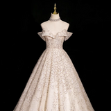 Niulatu A-line V-neck mesh sequin long prom dress, champagne formal long dress HZ1108