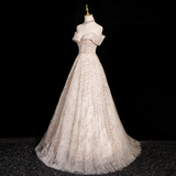 Niulatu A-line V-neck mesh sequin long prom dress, champagne formal long dress HZ1108