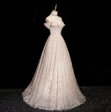 Niulatu A-line V-neck mesh sequin long prom dress, champagne formal long dress HZ1108