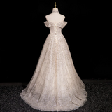 Niulatu A-line V-neck mesh sequin long prom dress, champagne formal long dress HZ1108