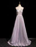 Niulatu A-line V-neck Satin Rhinestone Long Prom Dress, Purple Formal Long Dress HZ1108