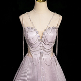 Niulatu A-line V-neck Satin Rhinestone Long Prom Dress, Purple Formal Long Dress HZ1108