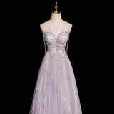 Niulatu A-line V-neck Satin Rhinestone Long Prom Dress, Purple Formal Long Dress HZ1108