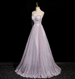 Niulatu A-line V-neck Satin Rhinestone Long Prom Dress, Purple Formal Long Dress HZ1108