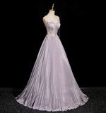 Niulatu A-line V-neck Satin Rhinestone Long Prom Dress, Purple Formal Long Dress HZ1108