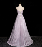 Niulatu A-line V-neck Satin Rhinestone Long Prom Dress, Purple Formal Long Dress HZ1108