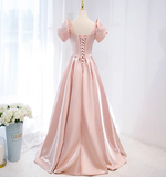 Niulatu A-line V-neck satin long prom dress, pink formal long dress HZ1108