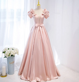 Niulatu A-line V-neck satin long prom dress, pink formal long dress HZ1108