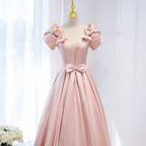 Niulatu A-line V-neck satin long prom dress, pink formal long dress HZ1108