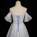 Niulatu grey A-line off-shoulder tulle sequin long prom dress, silver grey formal long dress HZ1108