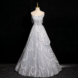 Niulatu grey A-line off-shoulder tulle sequin long prom dress, silver grey formal long dress HZ1108