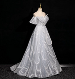 Niulatu grey A-line off-shoulder tulle sequin long prom dress, silver grey formal long dress HZ1108