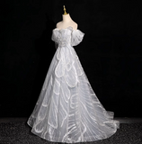 Niulatu grey A-line off-shoulder tulle sequin long prom dress, silver grey formal long dress HZ1108