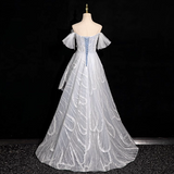 Niulatu grey A-line off-shoulder tulle sequin long prom dress, silver grey formal long dress HZ1108