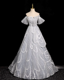 Niulatu grey A-line off-shoulder tulle sequin long prom dress, silver grey formal long dress HZ1108