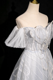 Niulatu grey A-line off-shoulder tulle sequin long prom dress, silver grey formal long dress HZ1108