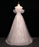 Niulatu A-line off-shoulder sequined tulle long prom dress, pink formal long dress HZ1108