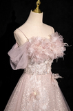 Niulatu A-line off-shoulder sequined tulle long prom dress, pink formal long dress HZ1108