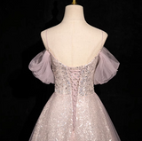 Niulatu A-line off-shoulder sequined tulle long prom dress, pink formal long dress HZ1108