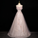 Niulatu A-line off-shoulder sequined tulle long prom dress, pink formal long dress HZ1108
