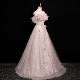 Niulatu A-line off-shoulder sequined tulle long prom dress, pink formal long dress HZ1108