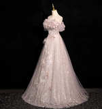 Niulatu A-line off-shoulder sequined tulle long prom dress, pink formal long dress HZ1108