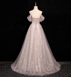 Niulatu A-line off-shoulder sequined tulle long prom dress, pink formal long dress HZ1108