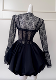 Niulatu A-line Sweetheart Neck Lace Satin Short Prom Dress, Black Homecoming Dress HZ1108