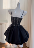 Niulatu A-line Sweetheart Neck Lace Satin Short Prom Dress, Black Homecoming Dress HZ1108